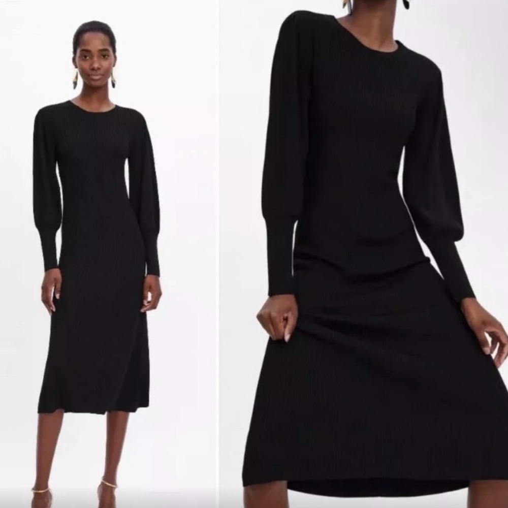 Zara Black Ribbed Knit Puffed Sleeves Midi Dress in Black Size Medium
